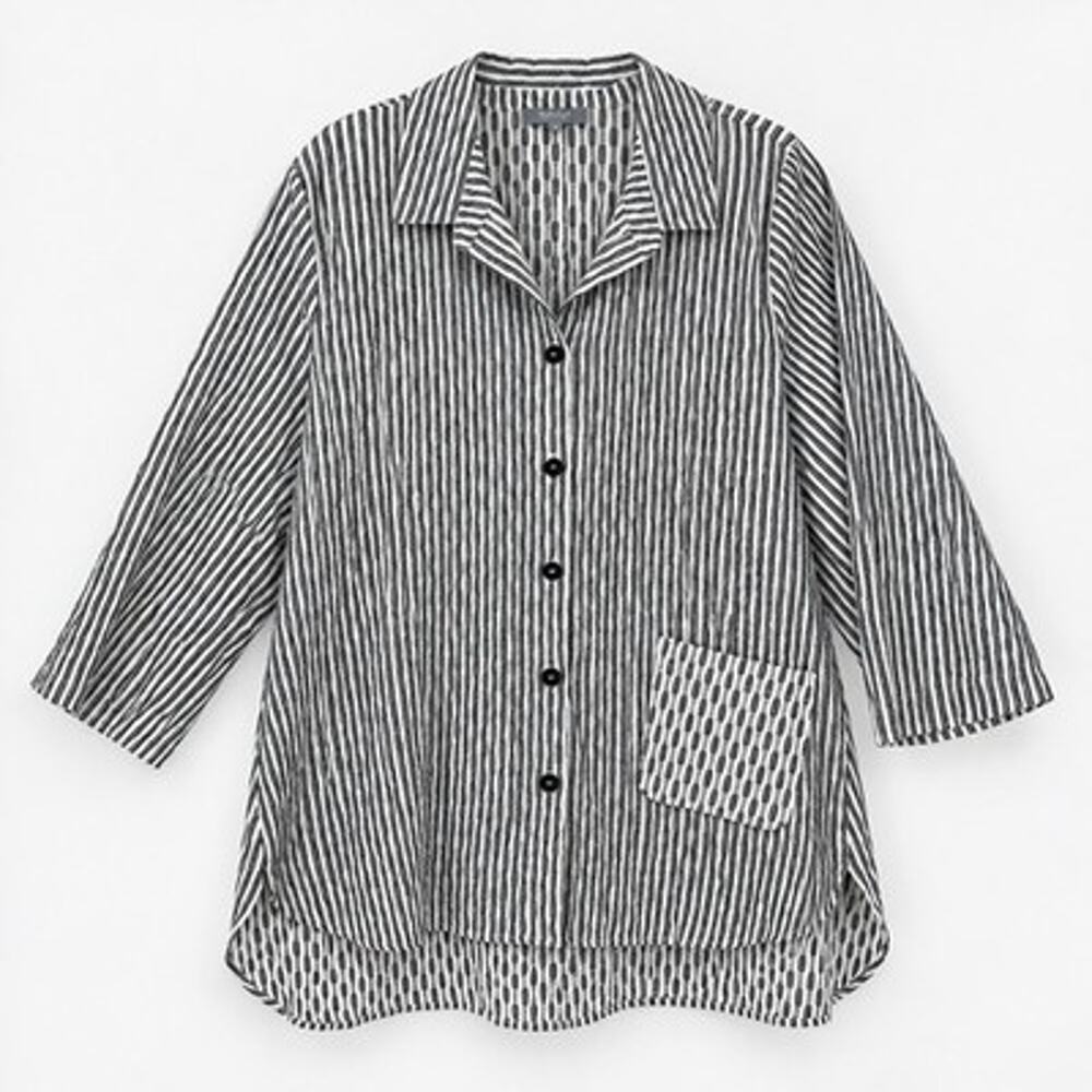 Habitat Clothes Crinkle Button Up Tunic XL Gray White Striped 3/4 Sleeve Pocket